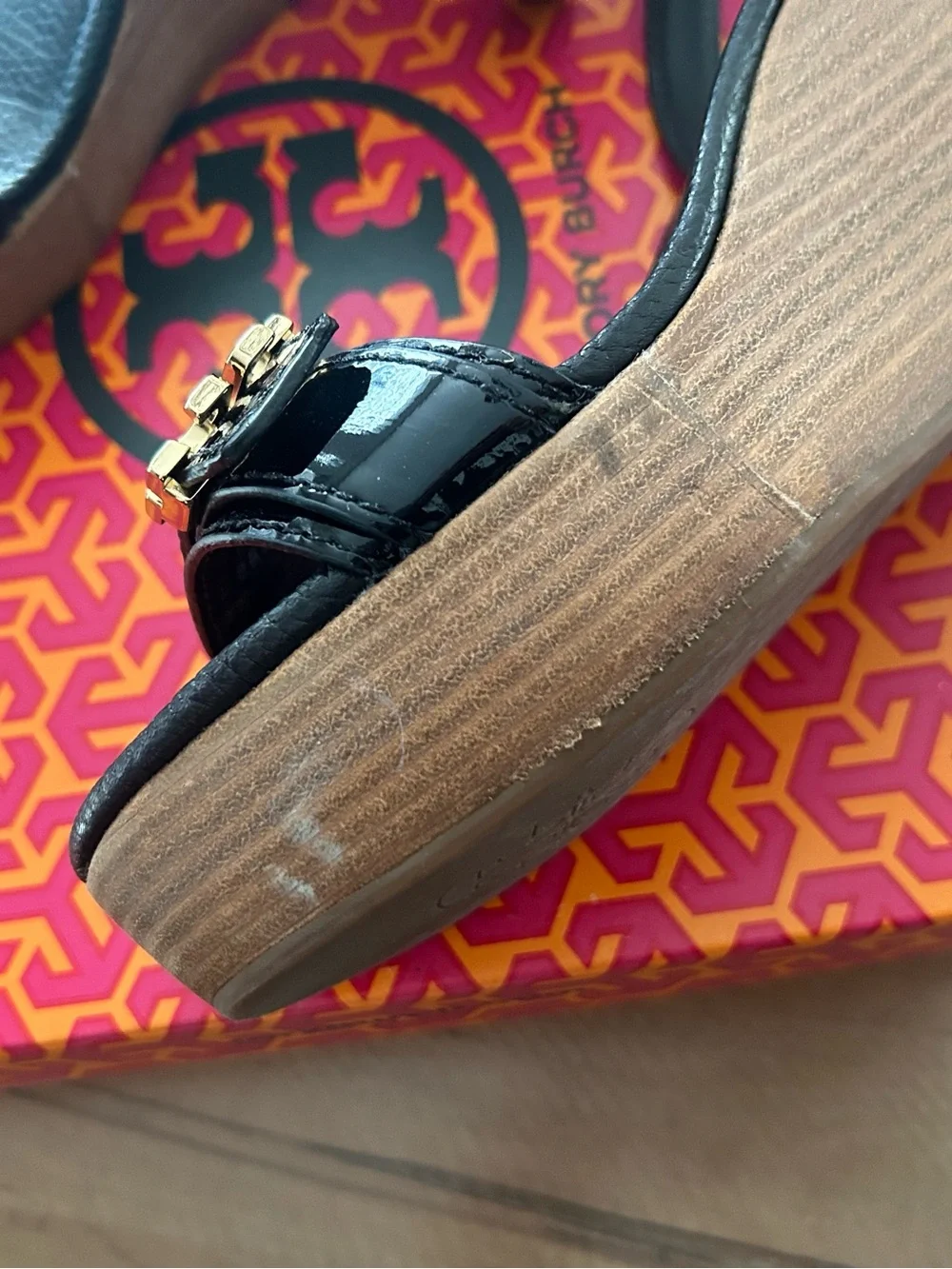 Tory Burch Black Patent Leather Wedge Sandals with Gold Logo